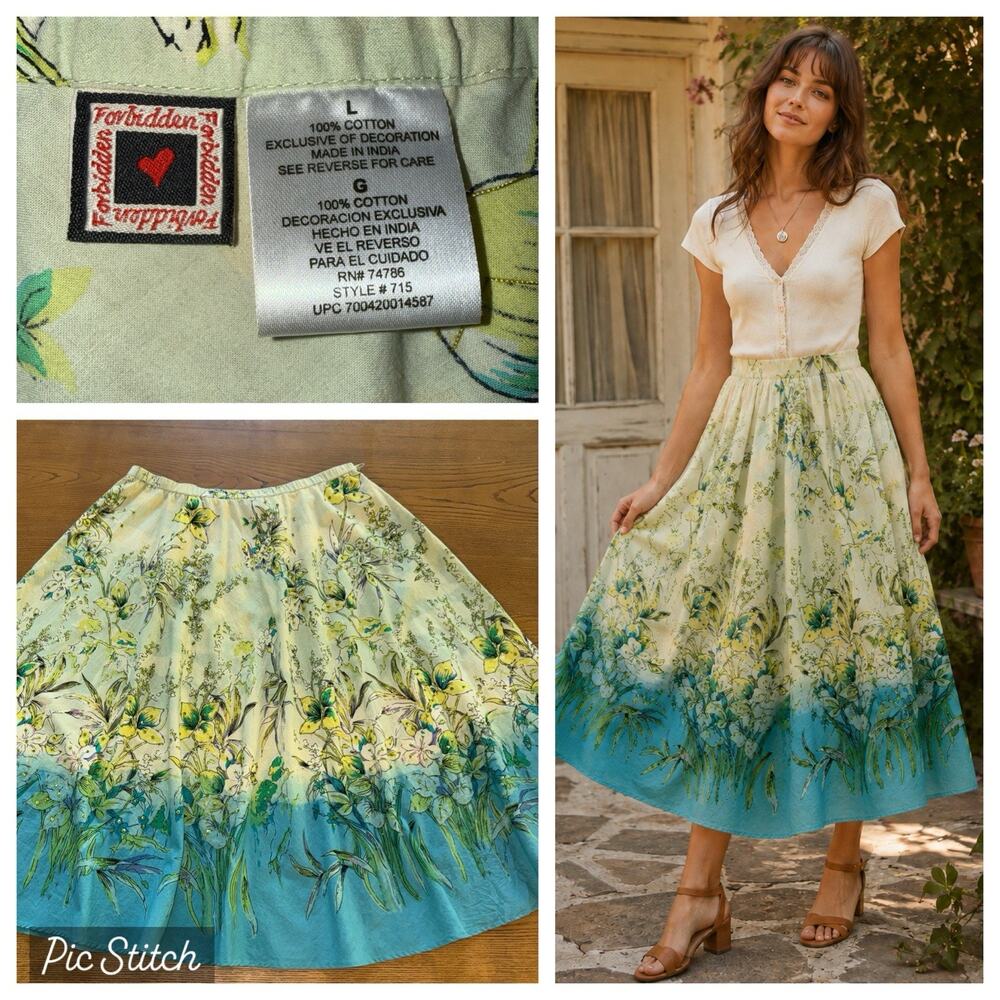 Forbidden Los Angeles Floral Beaded Sequin Cotton Midi A-Line Skirt Sz L - VTG